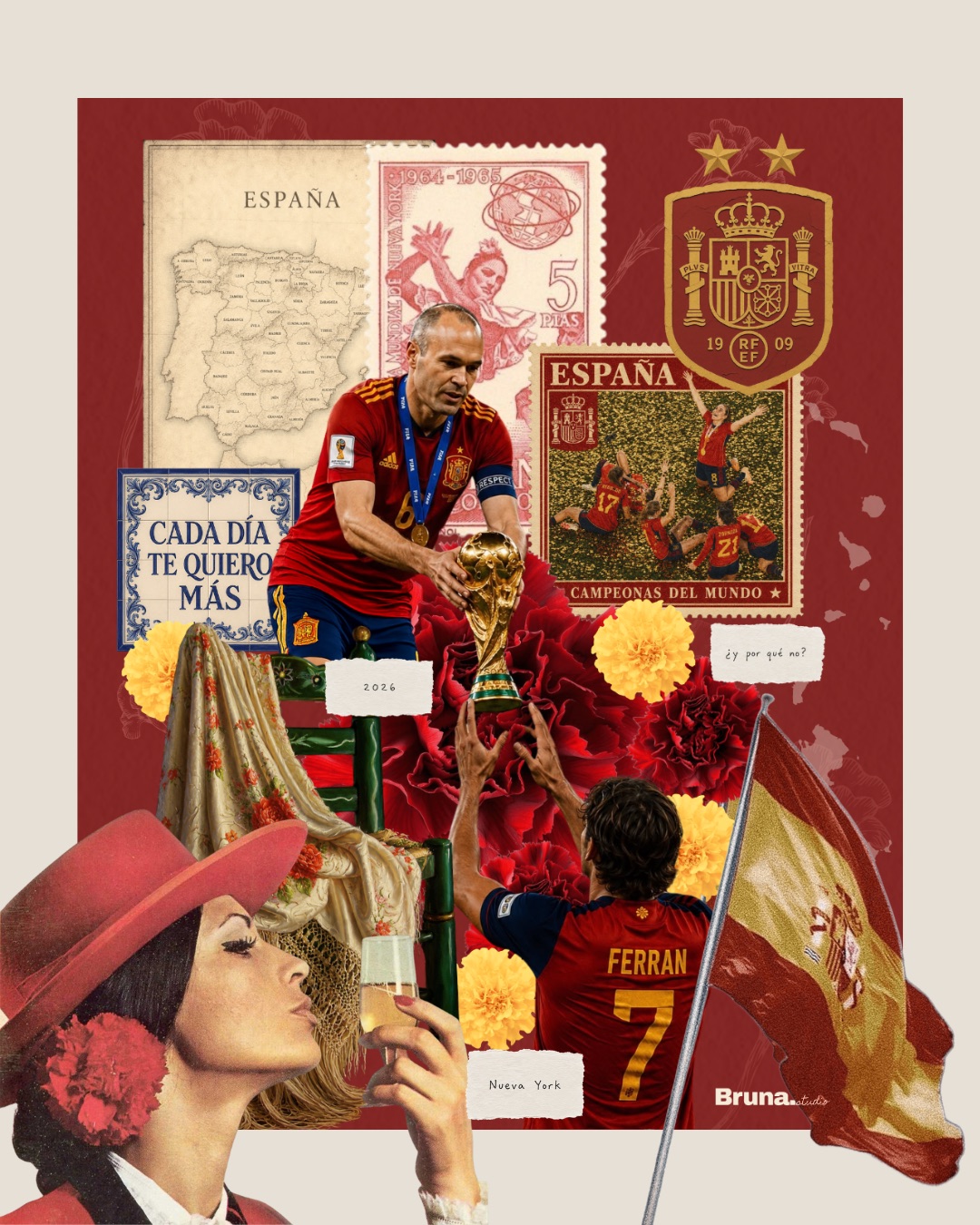 Collage Six Seven de Bruna.studio: Andrés Iniesta con el 6 entrega la Copa del Mundo a Ferran con el 7, rodeados de símbolos de España — mapa, sellos, claveles, bandera y una mujer con sombrero cordobés. España campeona del mundo 2026.