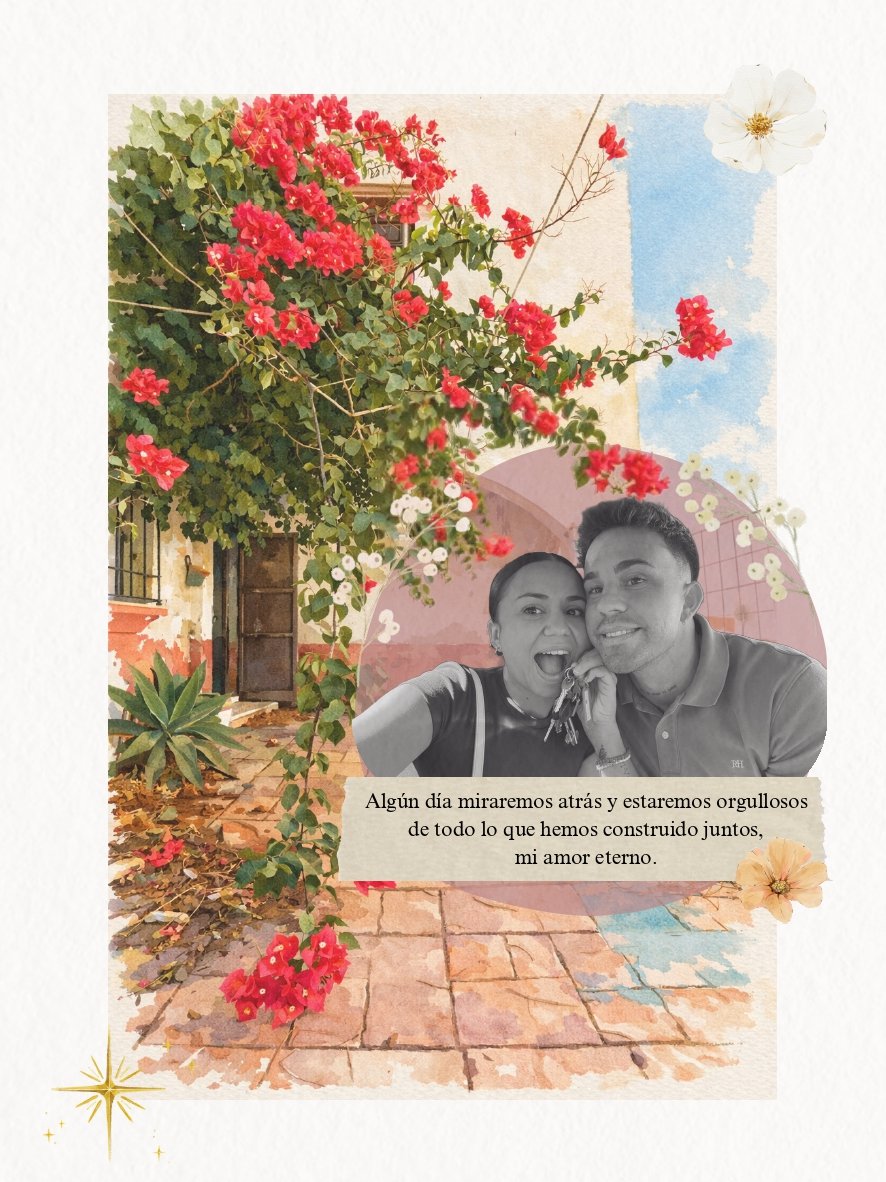 Collage personalizado de pareja con buganvilla, casa de Sevilla y acuarela