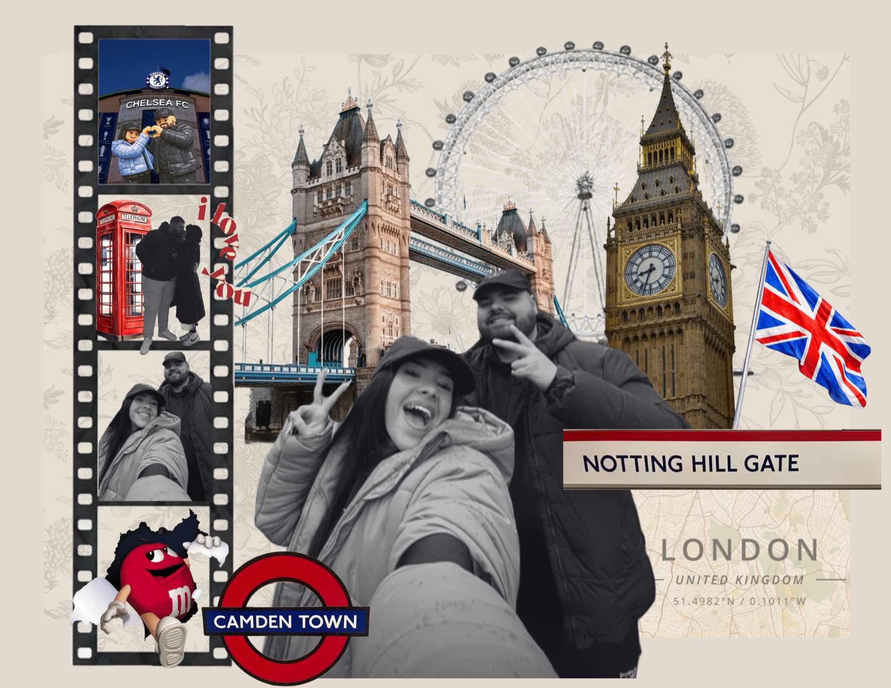 Collage personalizado de viaje a Londres — regalo para novios con Big Ben y Camden