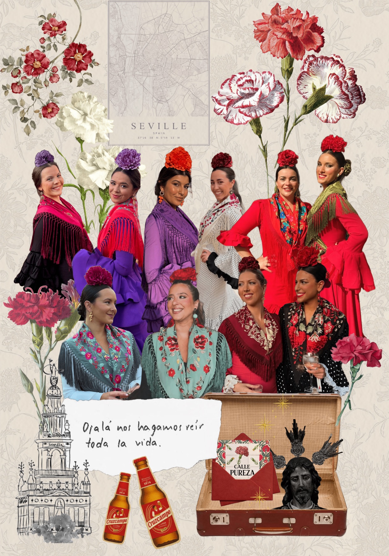 Collage ilustración flamenco Sevilla — mujeres de mantón y claveles, regalo único