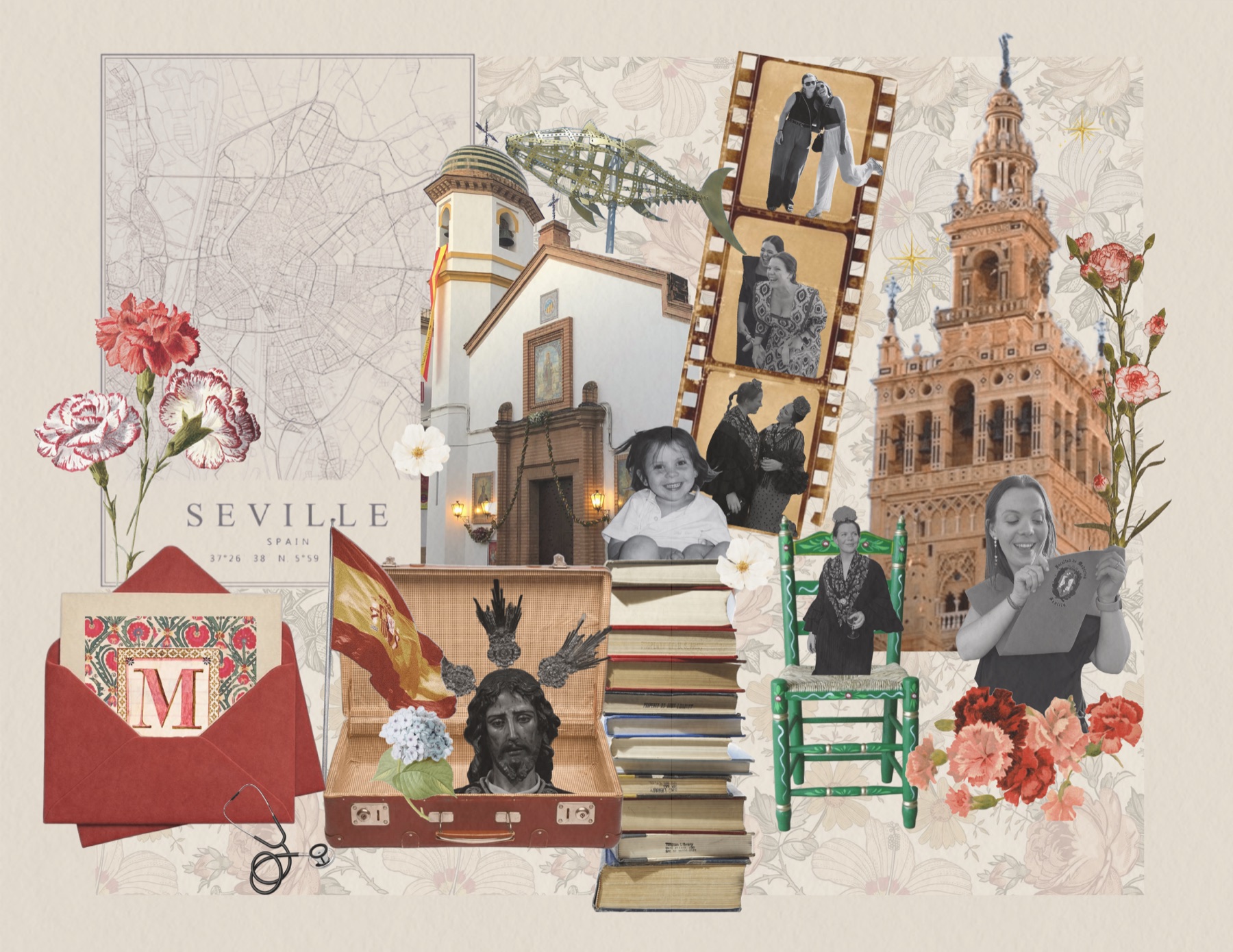 Collage personalizado tradición de Sevilla — ilustración Plaza de España y Calle Pureza