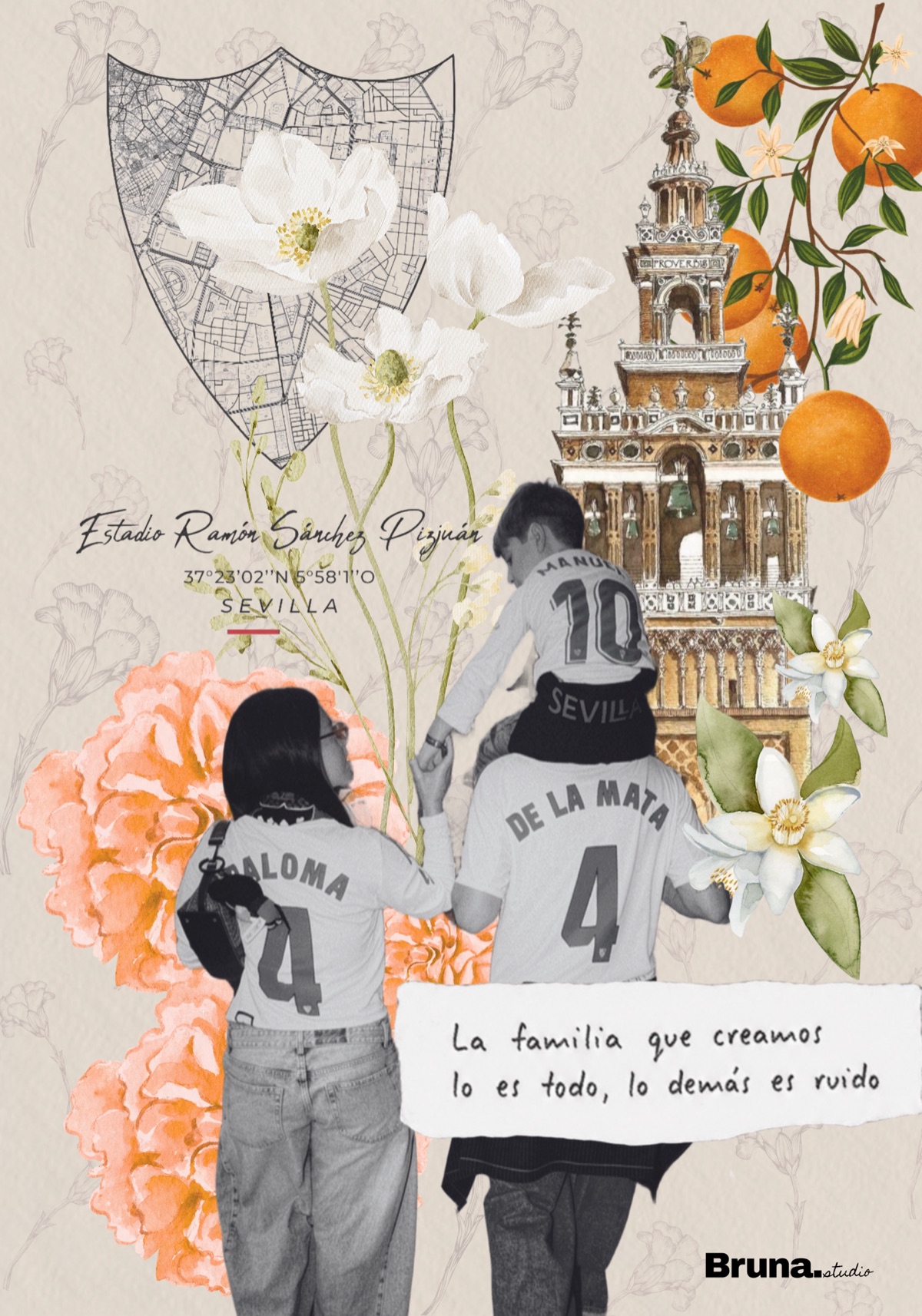 Collage familiar en Sevilla con camisetas del Sevilla FC y la Giralda — regalo de familia