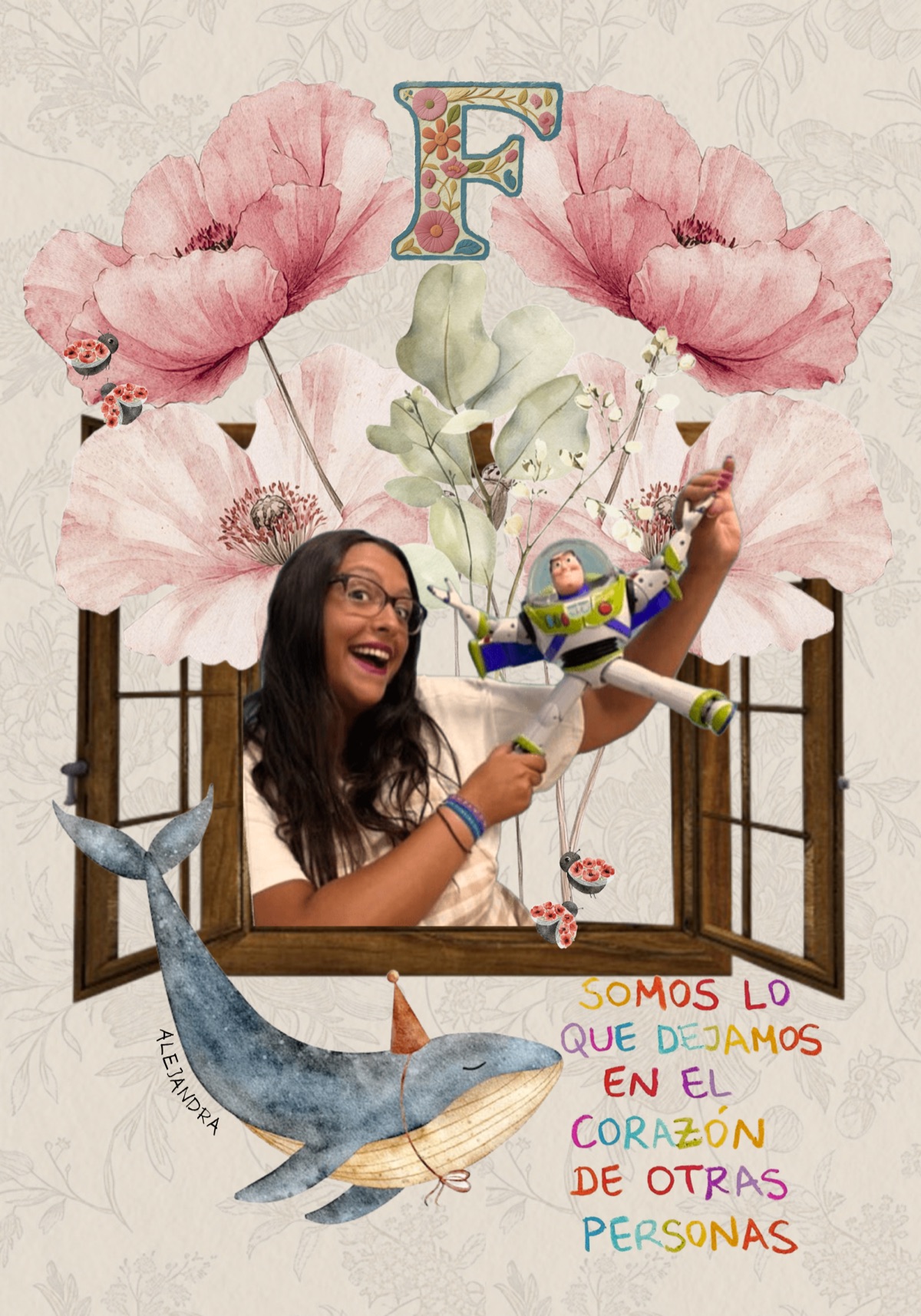 Collage homenaje a una maestra con ventana, flores y frase — regalo fin de curso