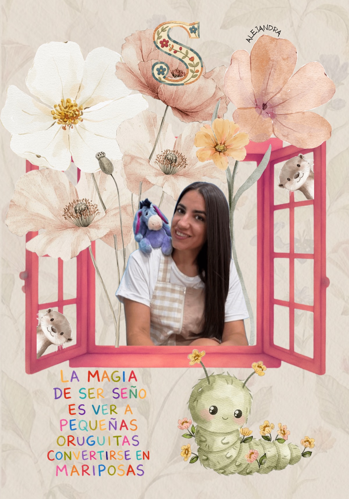 Collage homenaje a una maestra con ventana rosa, flores y oruga — regalo fin de curso