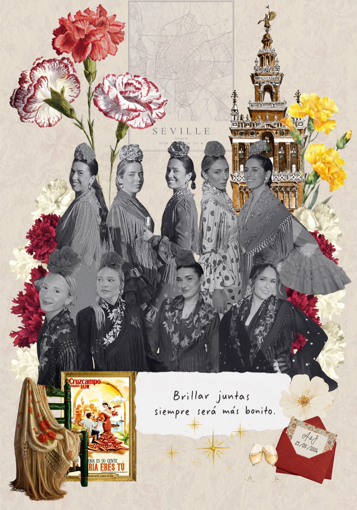 Collage de amigas con trajes de flamenca y la Giralda — regalo de feria y amistad en Sevilla