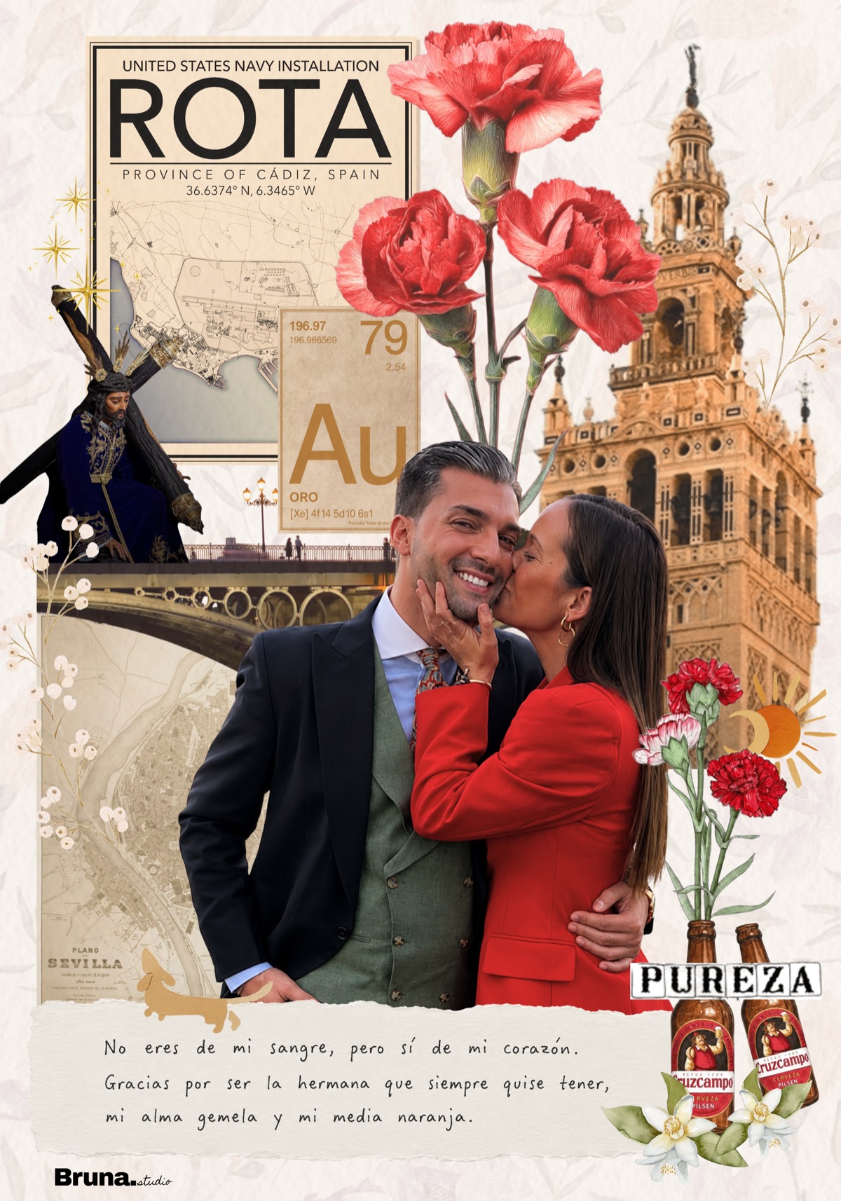 Collage personalizado en Sevilla con la Giralda, claveles y una frase — regalo hecho a mano a partir de tus fotos
